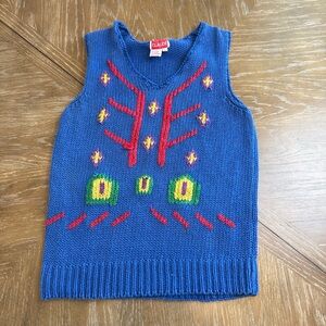 Vintage Claude Blue Knit Sleeveless Sweater Vest with Multicolor Embroidery